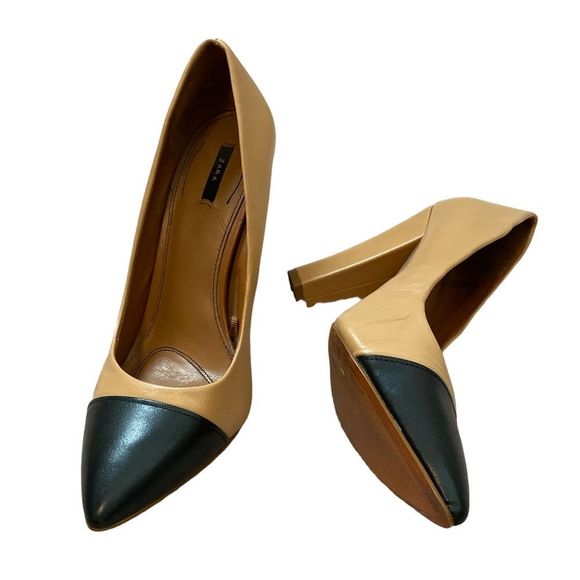 Zara Two Toned Capped Toe Chunky Heels Size 40 - Picture 2 of 11